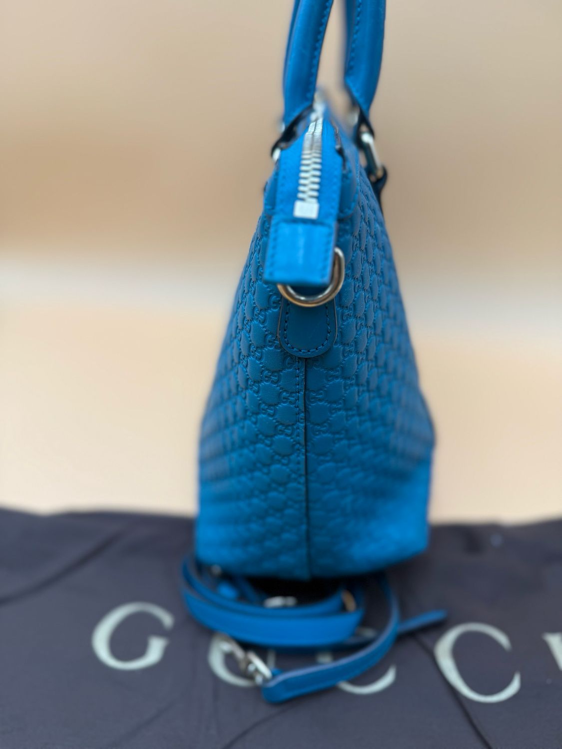 Gucci Mico Monogram Teal Zippered Leather Messenger Crossbody Tote