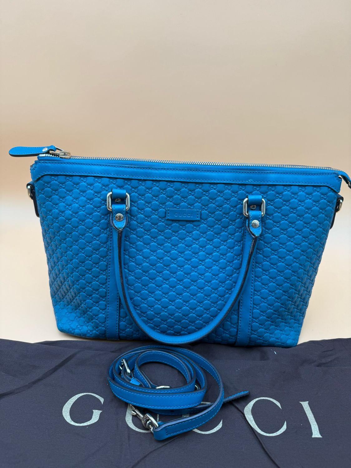 Gucci Mico Monogram Teal Zippered Leather Messenger Crossbody Tote