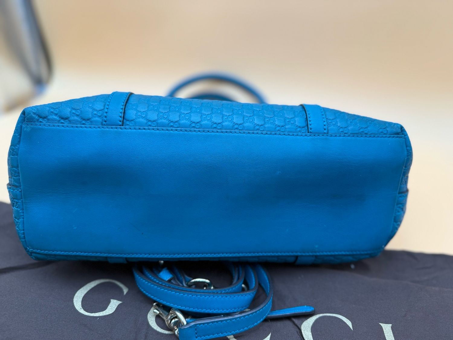 Gucci Mico Monogram Teal Zippered Leather Messenger Crossbody Tote