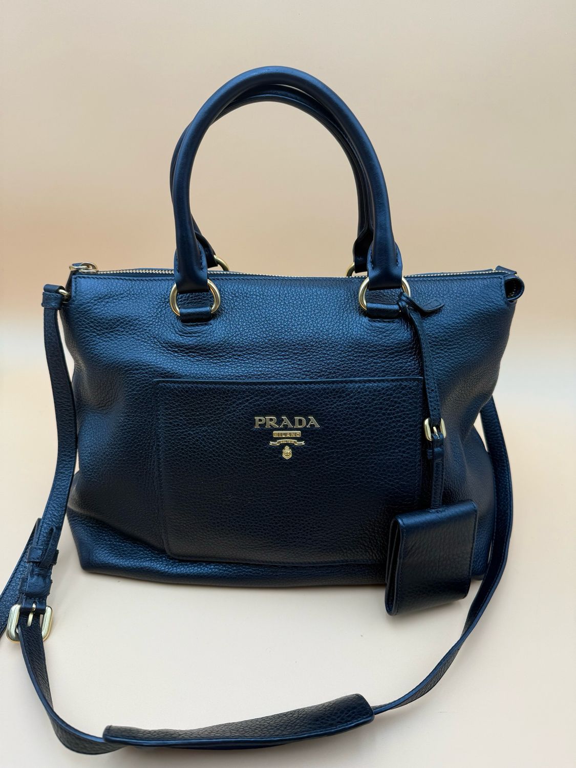 Prada Vitello Daino Pebbled Leather Shopper Tote Sling Messenger