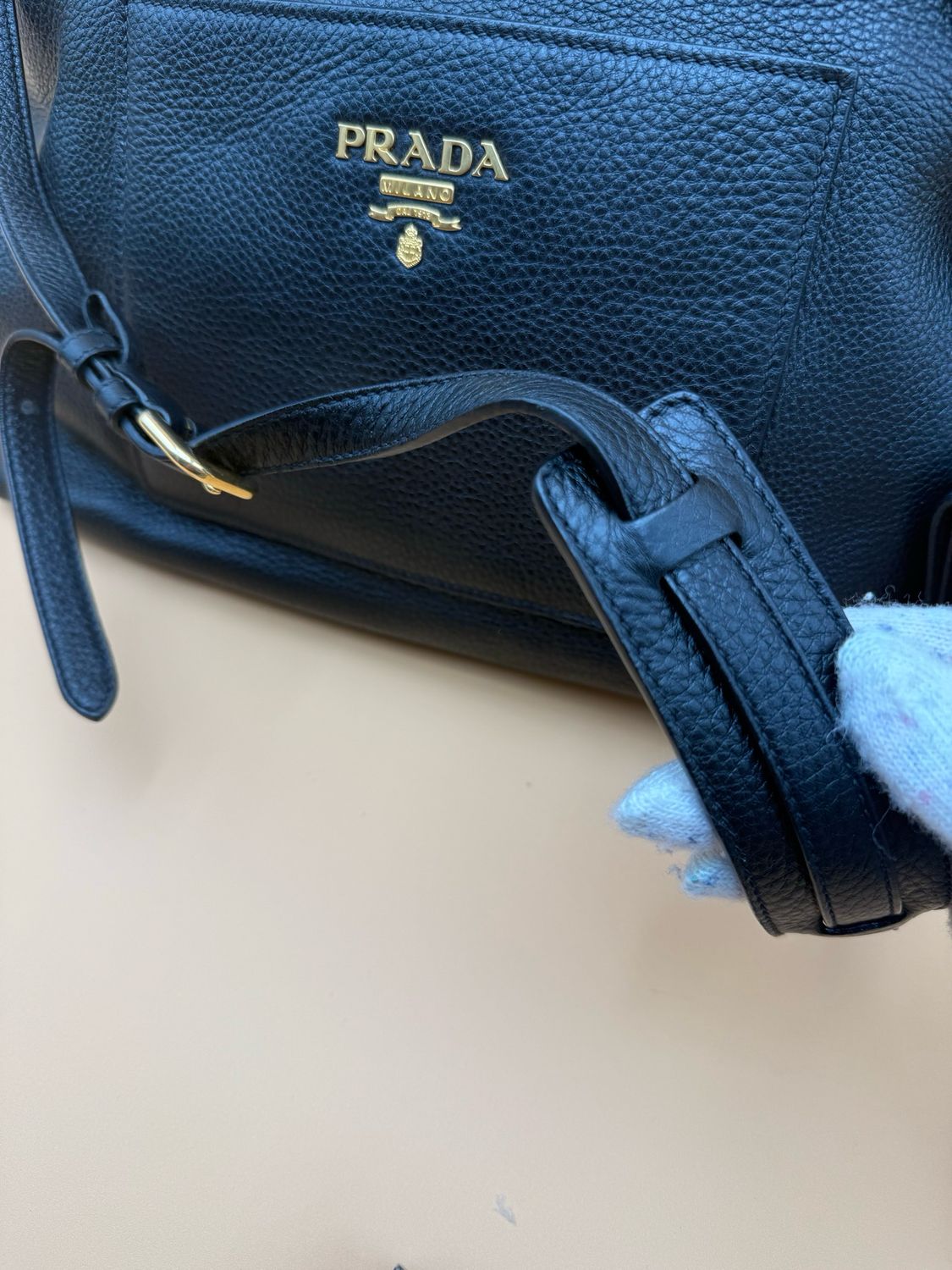 Prada Vitello Daino Pebbled Leather Shopper Tote Sling Messenger