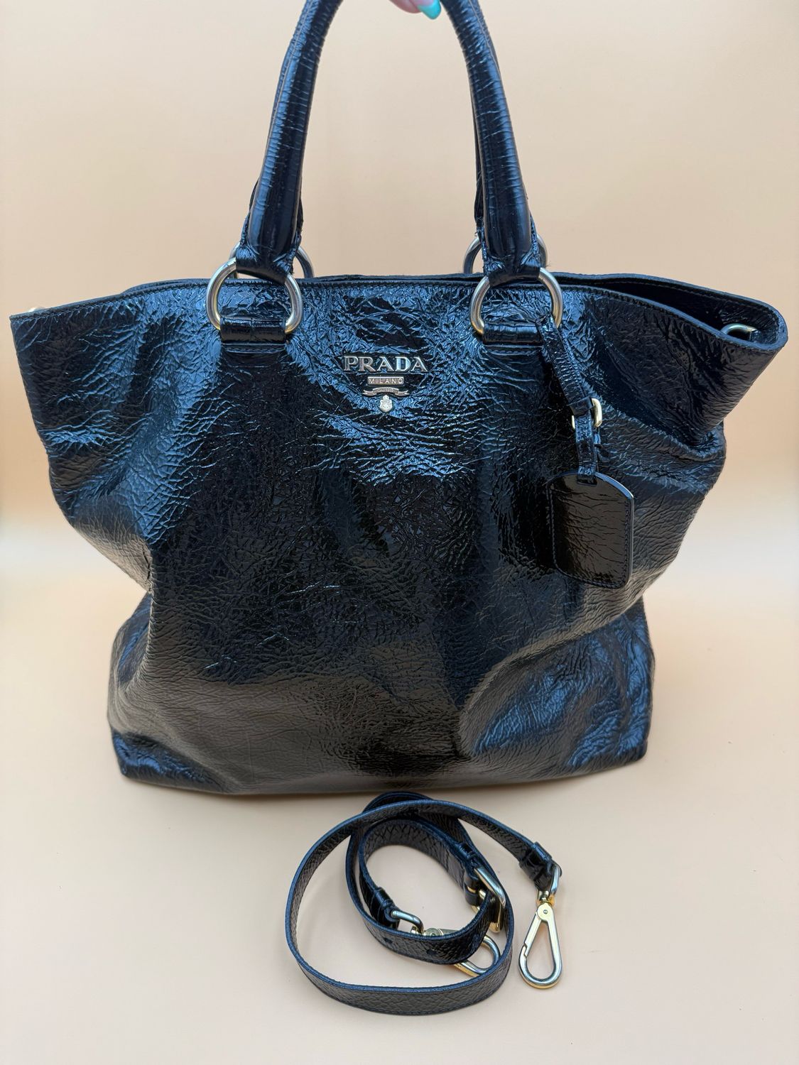 Prada Vitello Shine Leather Shopper Tote Sling Messenger