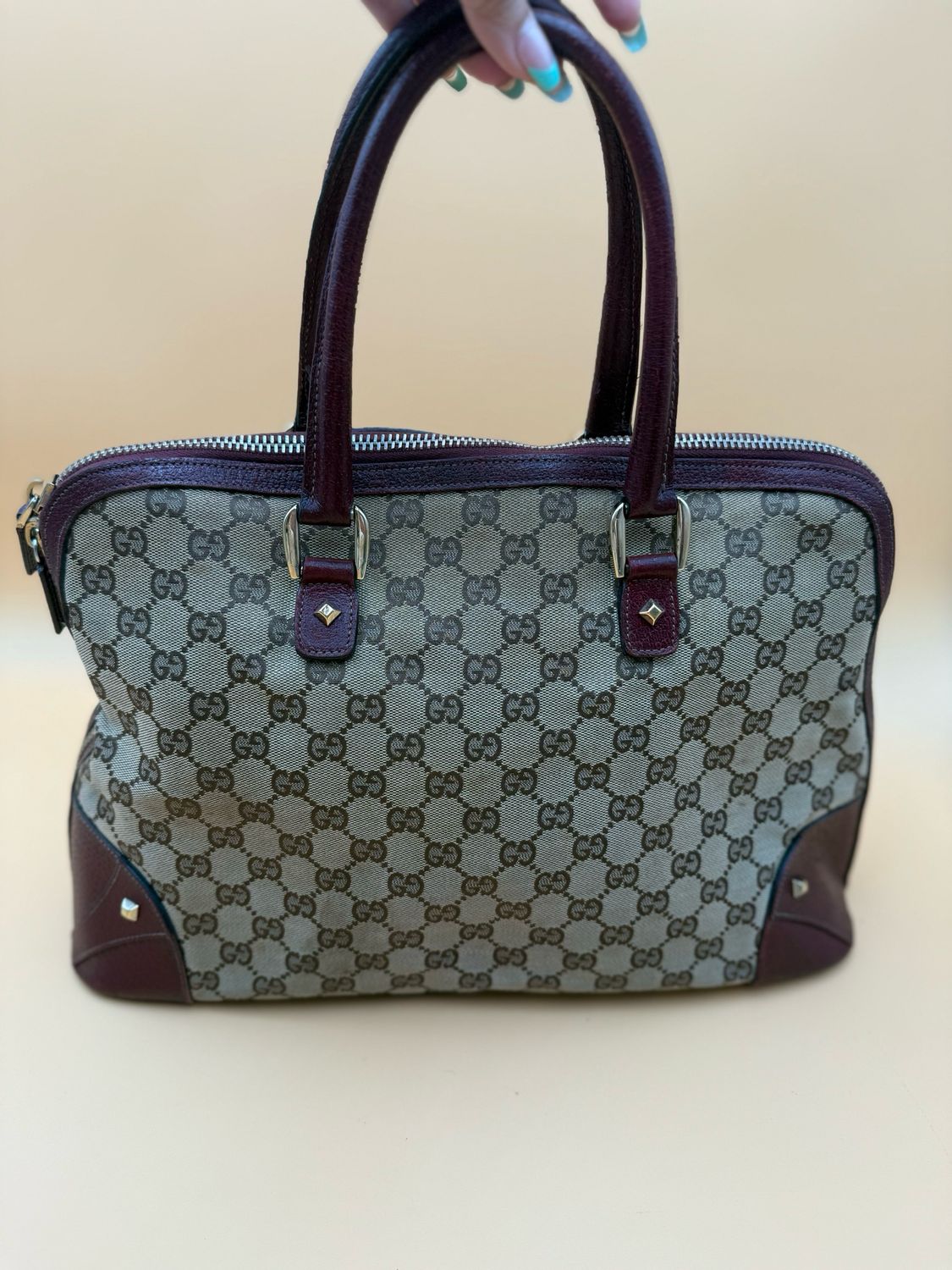 Gucci Canvas Monogram Horsebit Nailhead Dome Shoulder