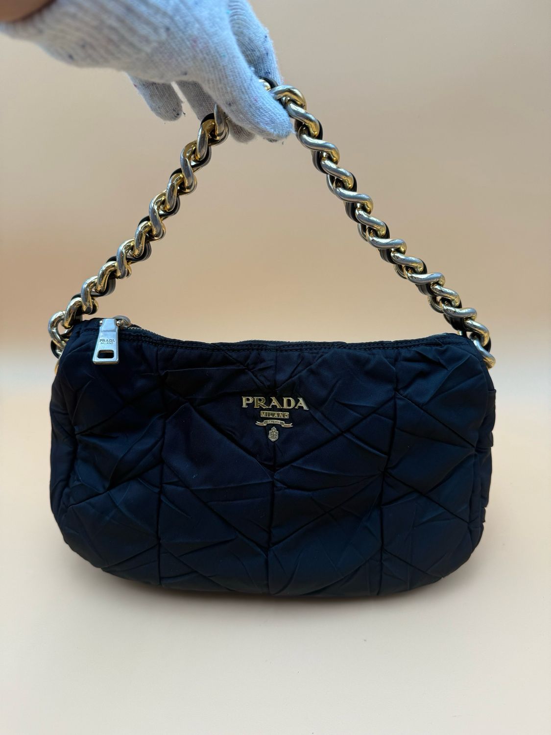 Prada Nylon Tessuto Quilted Chevron Hobo Shoulder Black Chain Strap