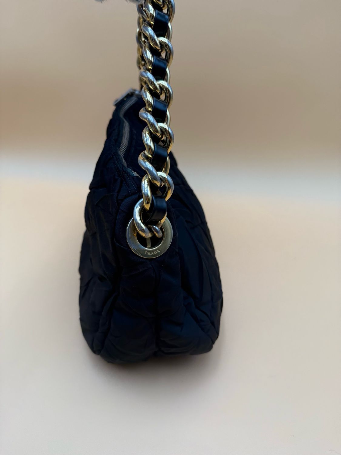 Prada Nylon Tessuto Quilted Chevron Hobo Shoulder Black Chain Strap