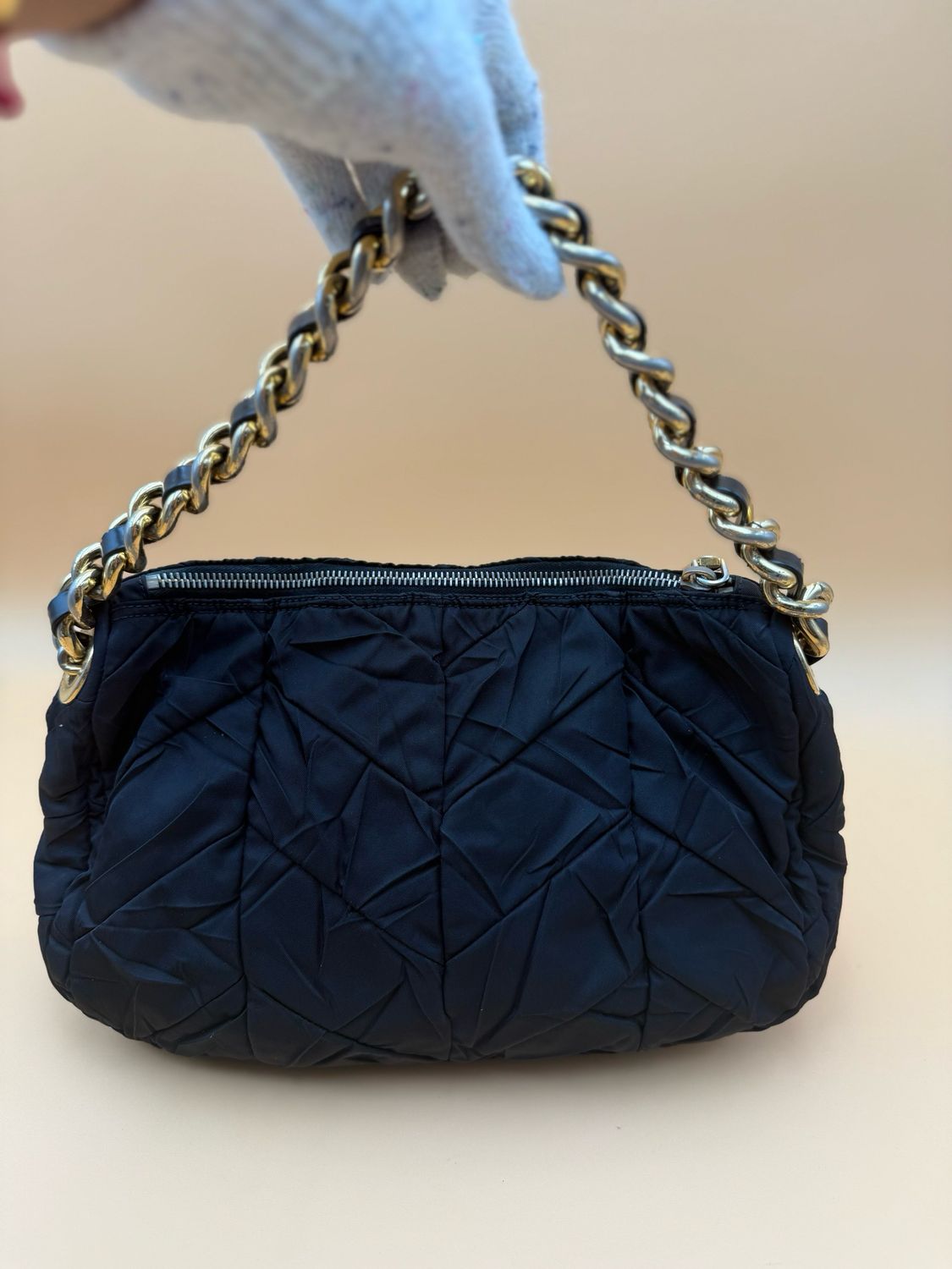 Prada Nylon Tessuto Quilted Chevron Hobo Shoulder Black Chain Strap