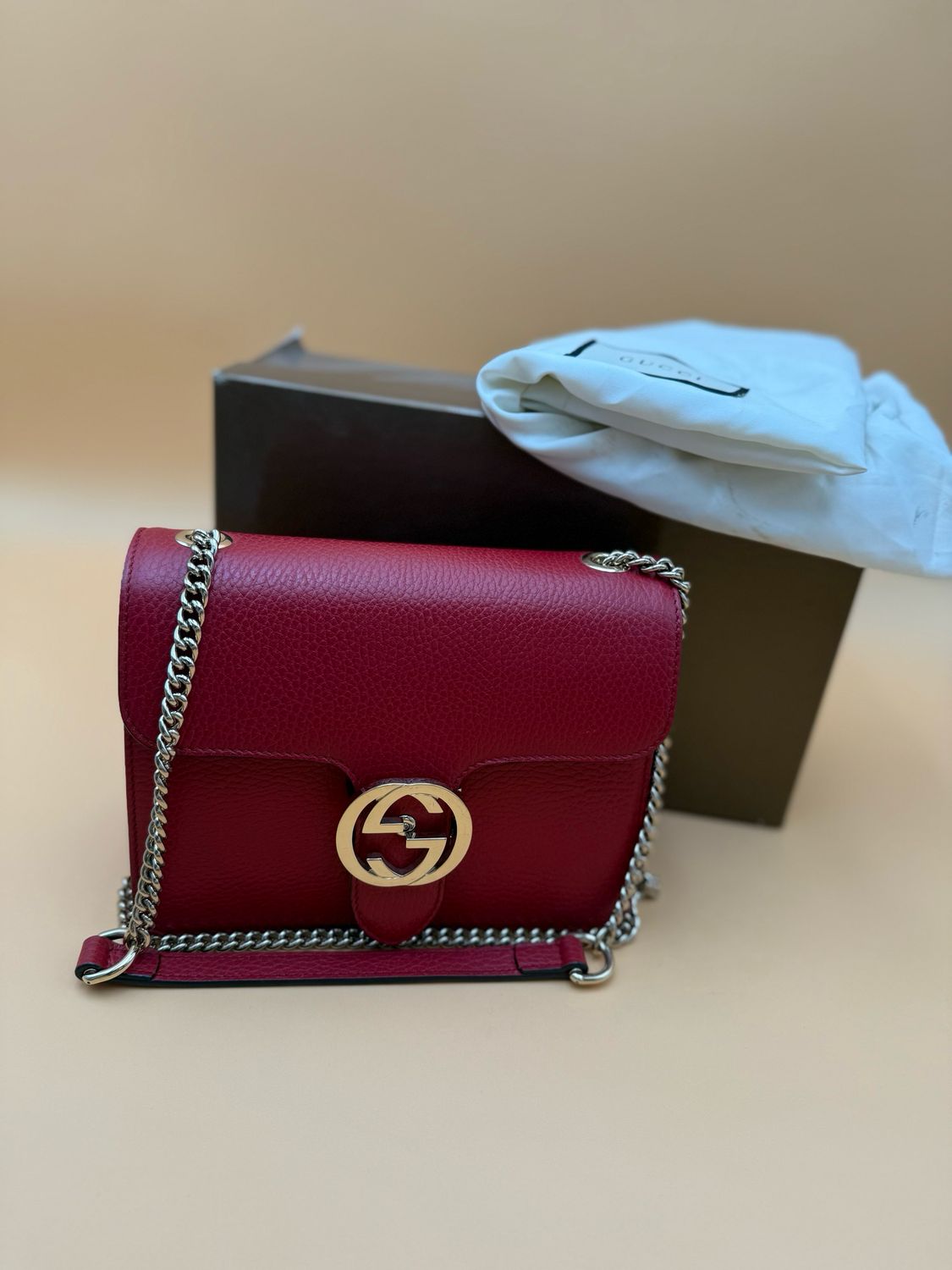 Gucci Pebbled Calfskin Red Dollar Interlocking Tote Crossbody