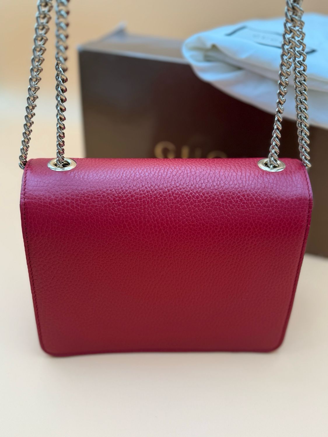 Gucci Pebbled Calfskin Red Dollar Interlocking Tote Crossbody