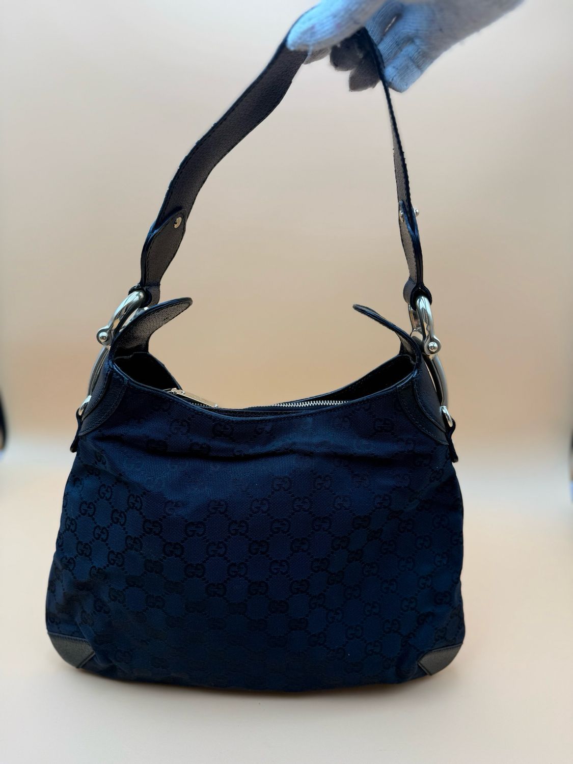 Gucci Creole Horsebit Hobo Canvas Black Shoulder