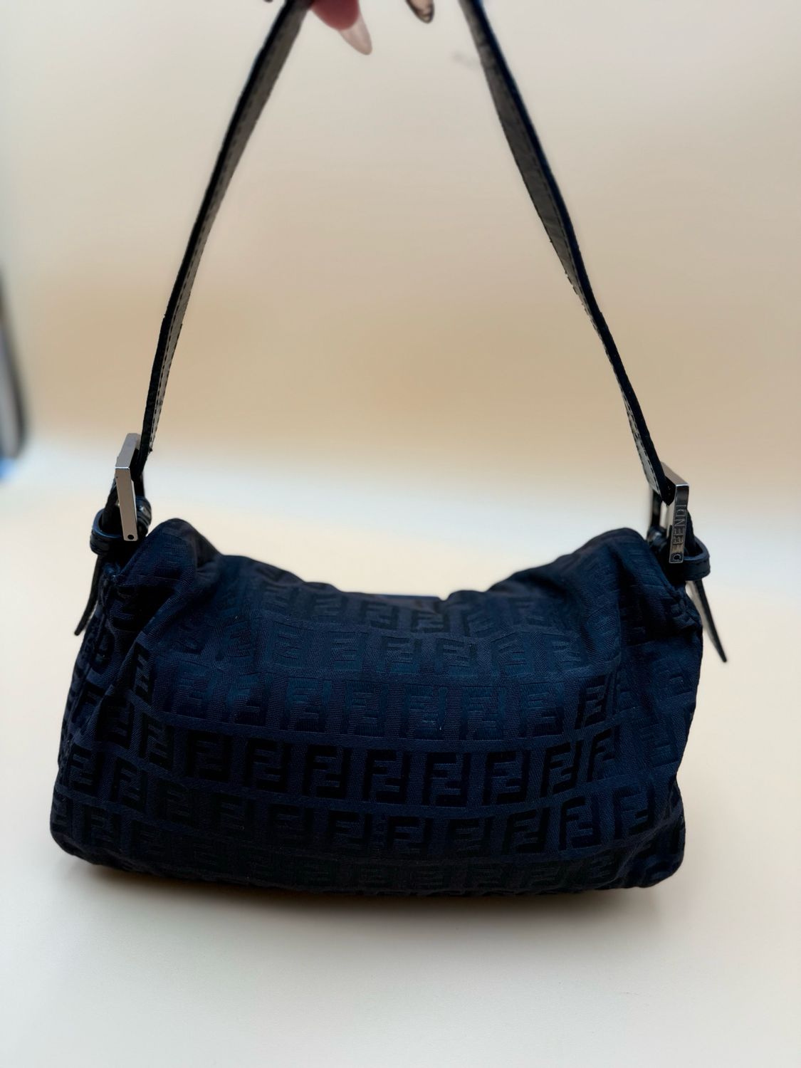 Fendi Zucca Baguette Double Flap Hobo Shoulder Black