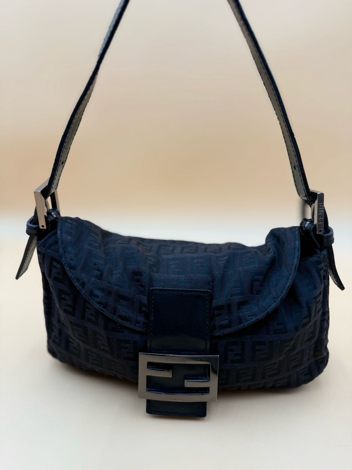 Fendi Zucca Baguette Double Flap Hobo Shoulder Black