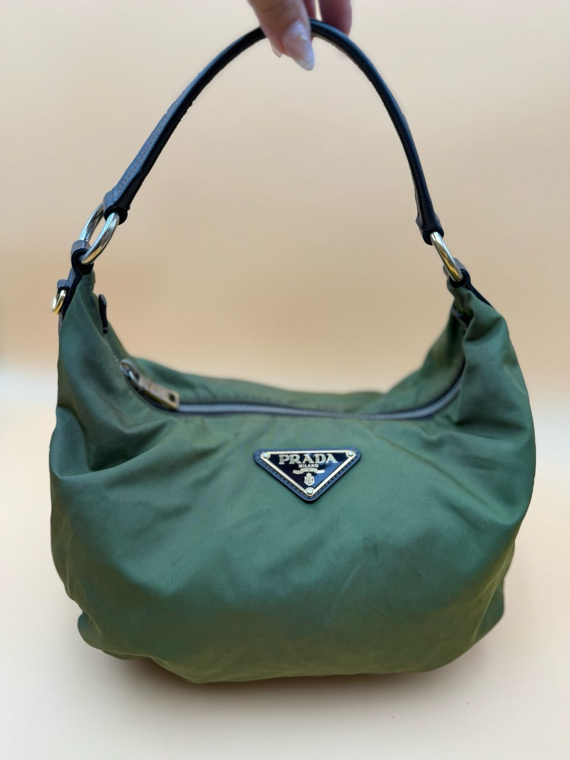 Prada Nylon Tessuto Hobo Crescent Olive Green Shoulder
