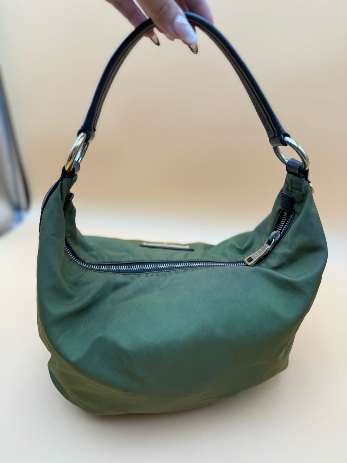 Prada Nylon Tessuto Hobo Crescent Olive Green Shoulder