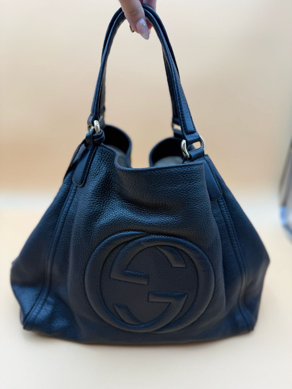 Gucci Soho Pebbled Calfskin Tote Shoulder Bag Black