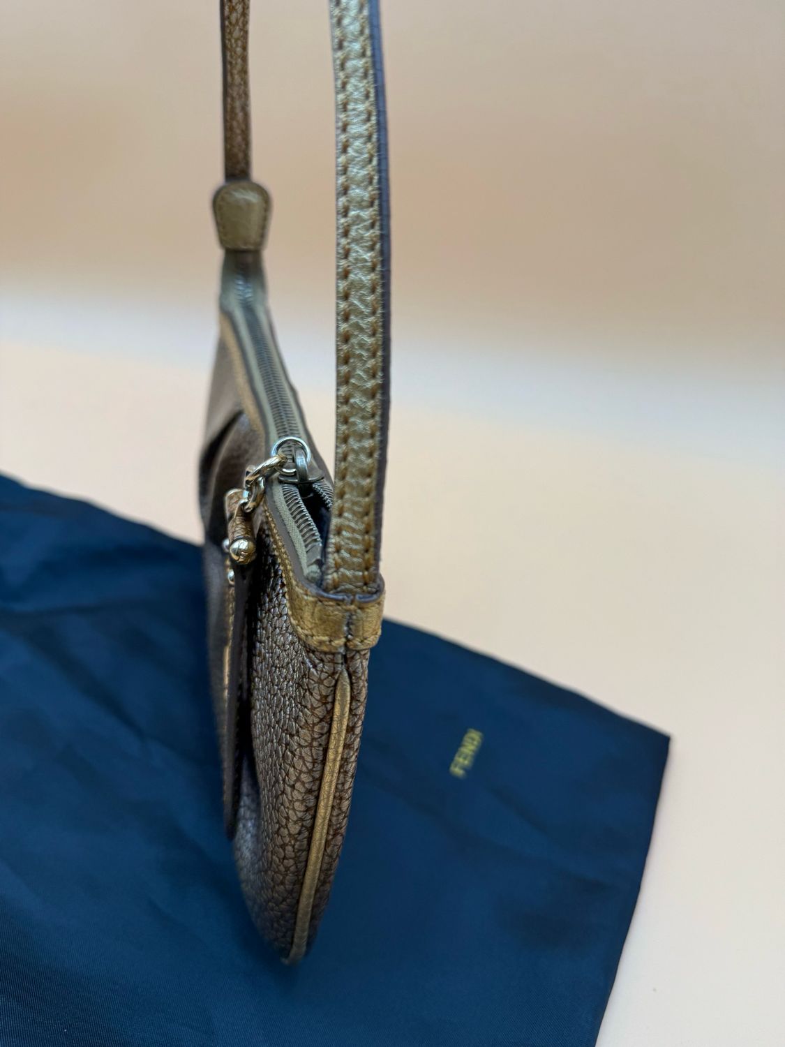 Fendi Pebbled Leather Gold Mini Shoulder