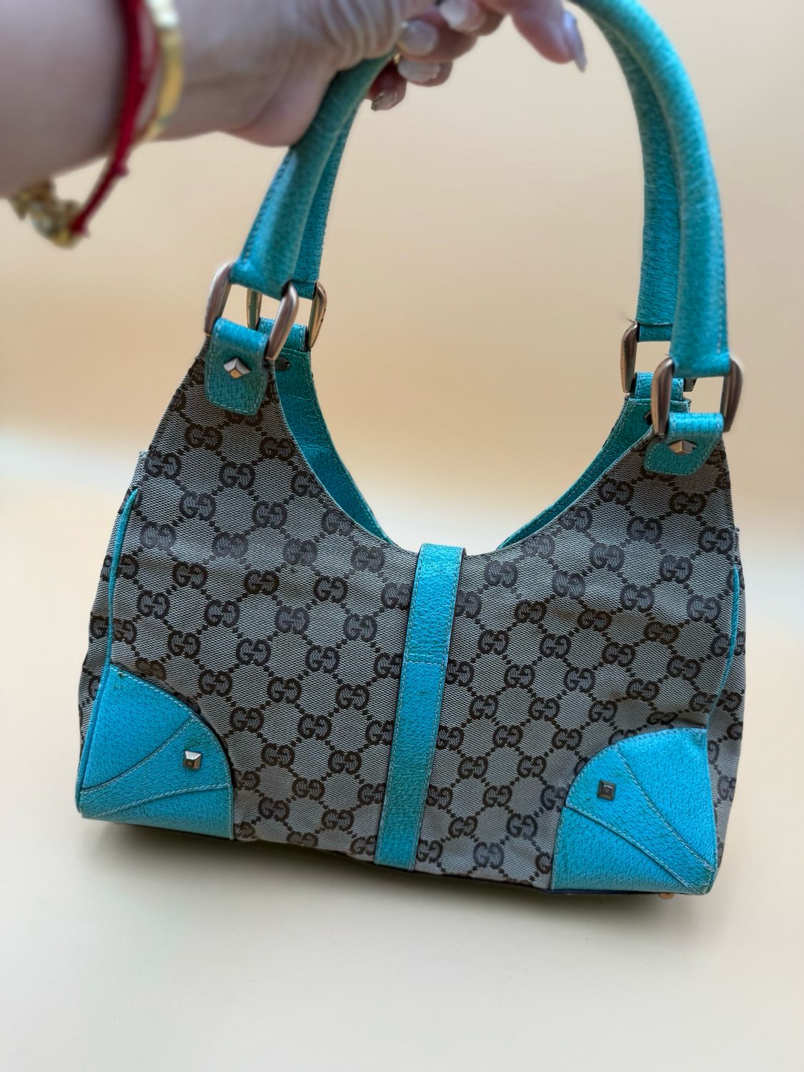 Gucci Canvas Jackie Piston Lock Teal Shoulder