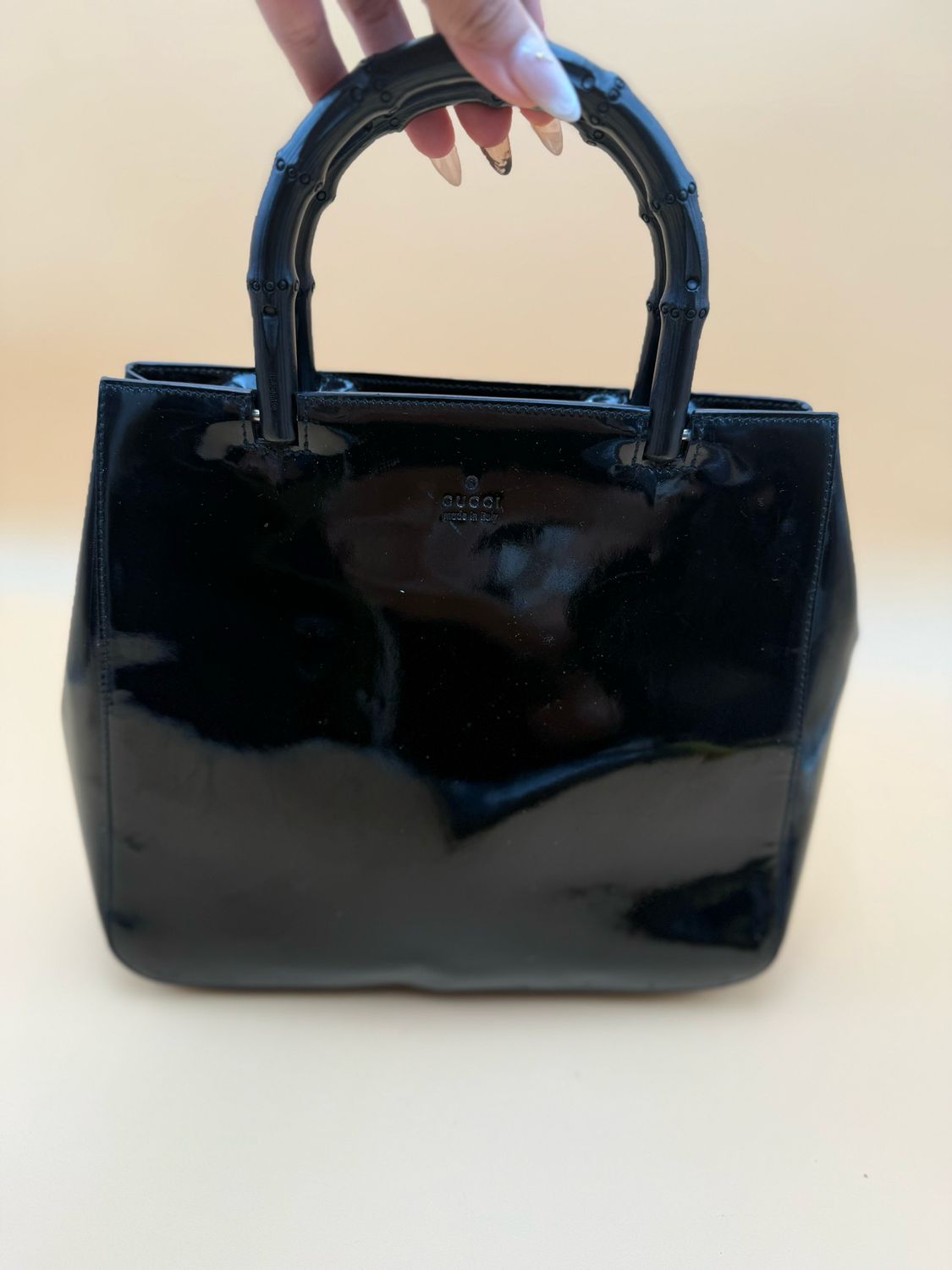 Gucci Bamboo Patent Top Handle Handbag Vernis Sac