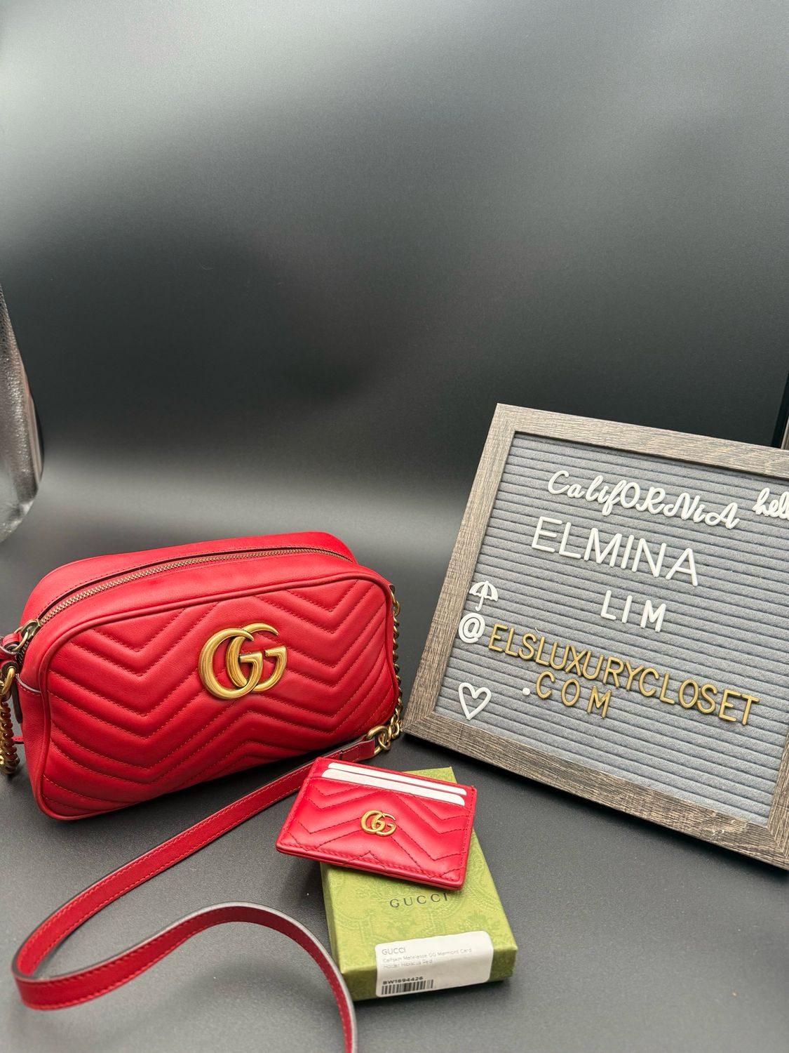 Gucci Marmont Hibiscus Red Bundle Chevron Calfskin Crossbody Small With Card Holder Bundle