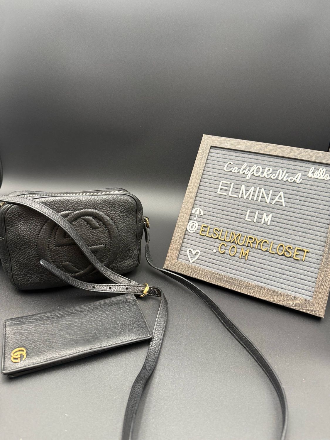 Gucci Soho Disco Camera Bag Pebbled Leather Black With Wallet Long Flap Bundle