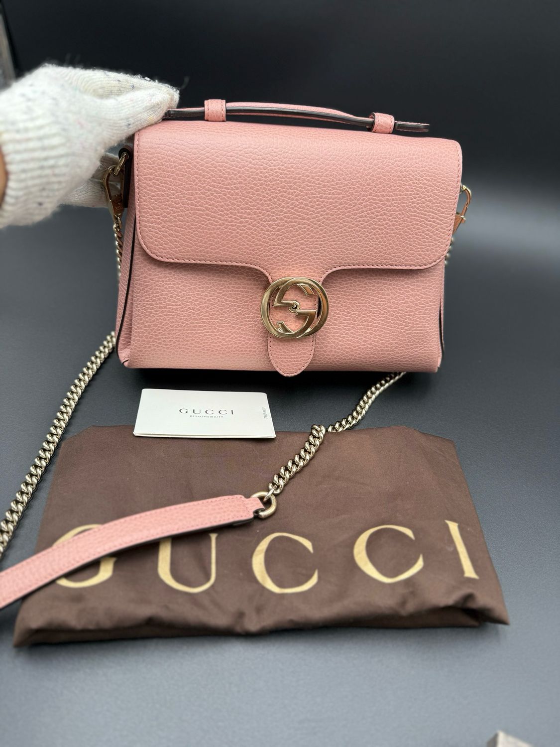 Gucci Pebbled Leather Pink Dollar Interlocking G Messenger Crossbody