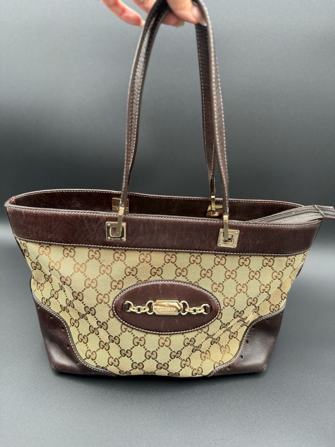 Gucci Monogram Canvas Punch Tote Zipper Shoulder Bag