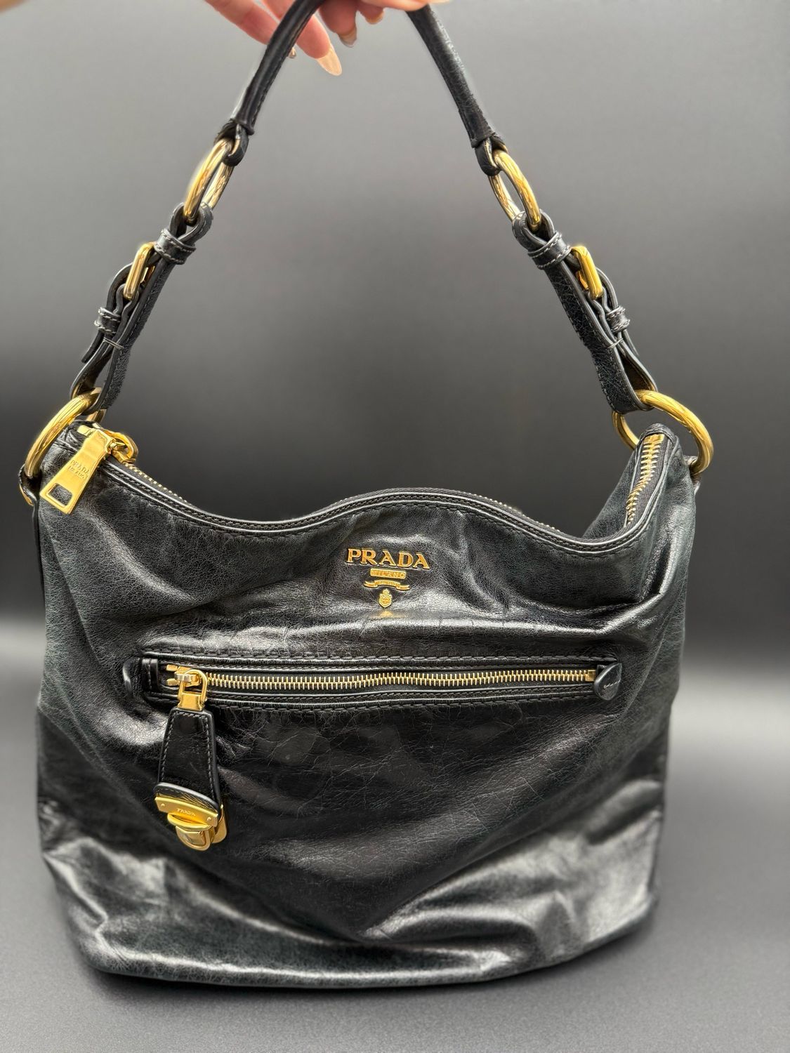 Prada Vitello Shine Hobo Pushlock Leather Shoulder Black Large
