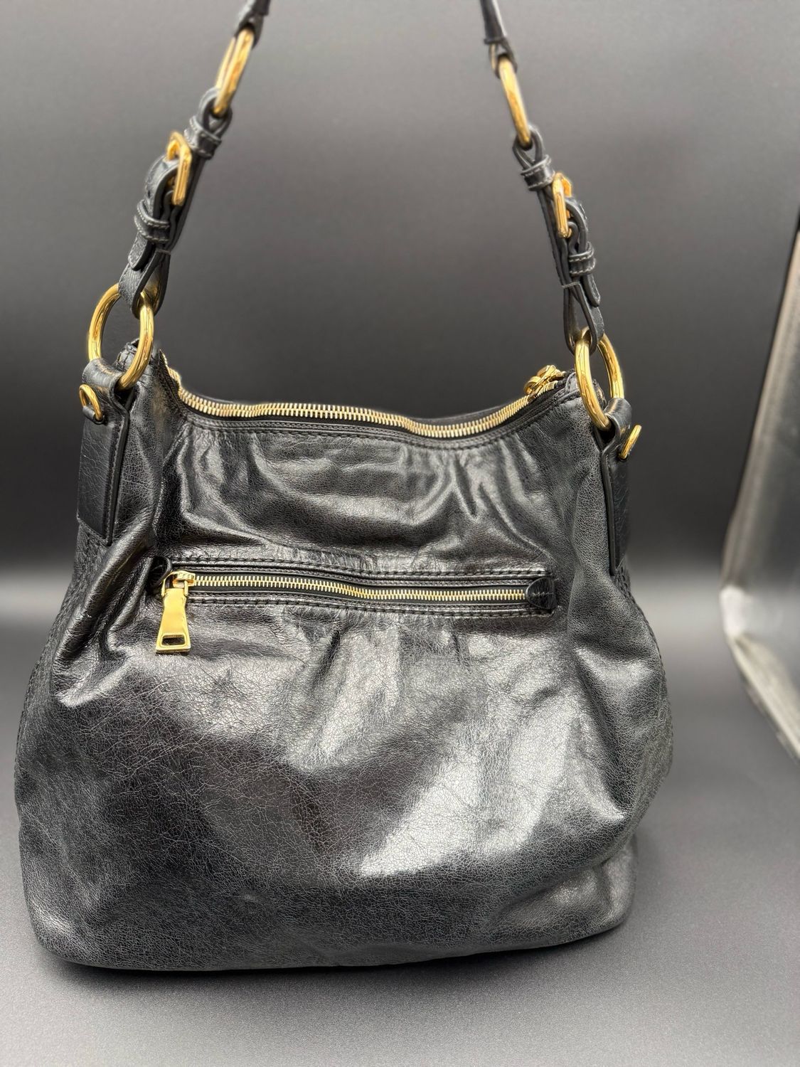 Prada Vitello Shine Hobo Pushlock Leather Shoulder Black Large