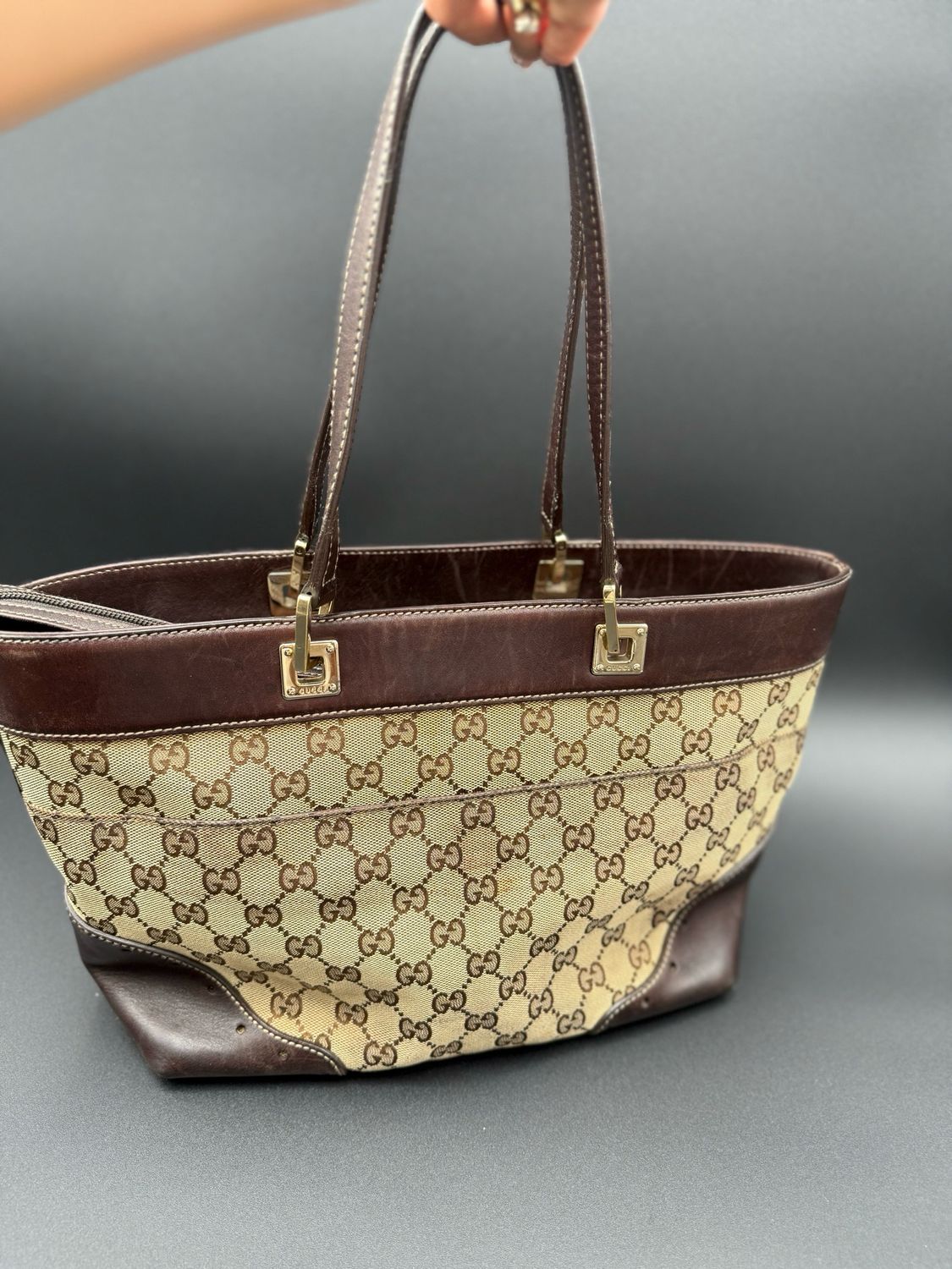 Gucci Monogram Canvas Punch Tote Zipper Shoulder Bag