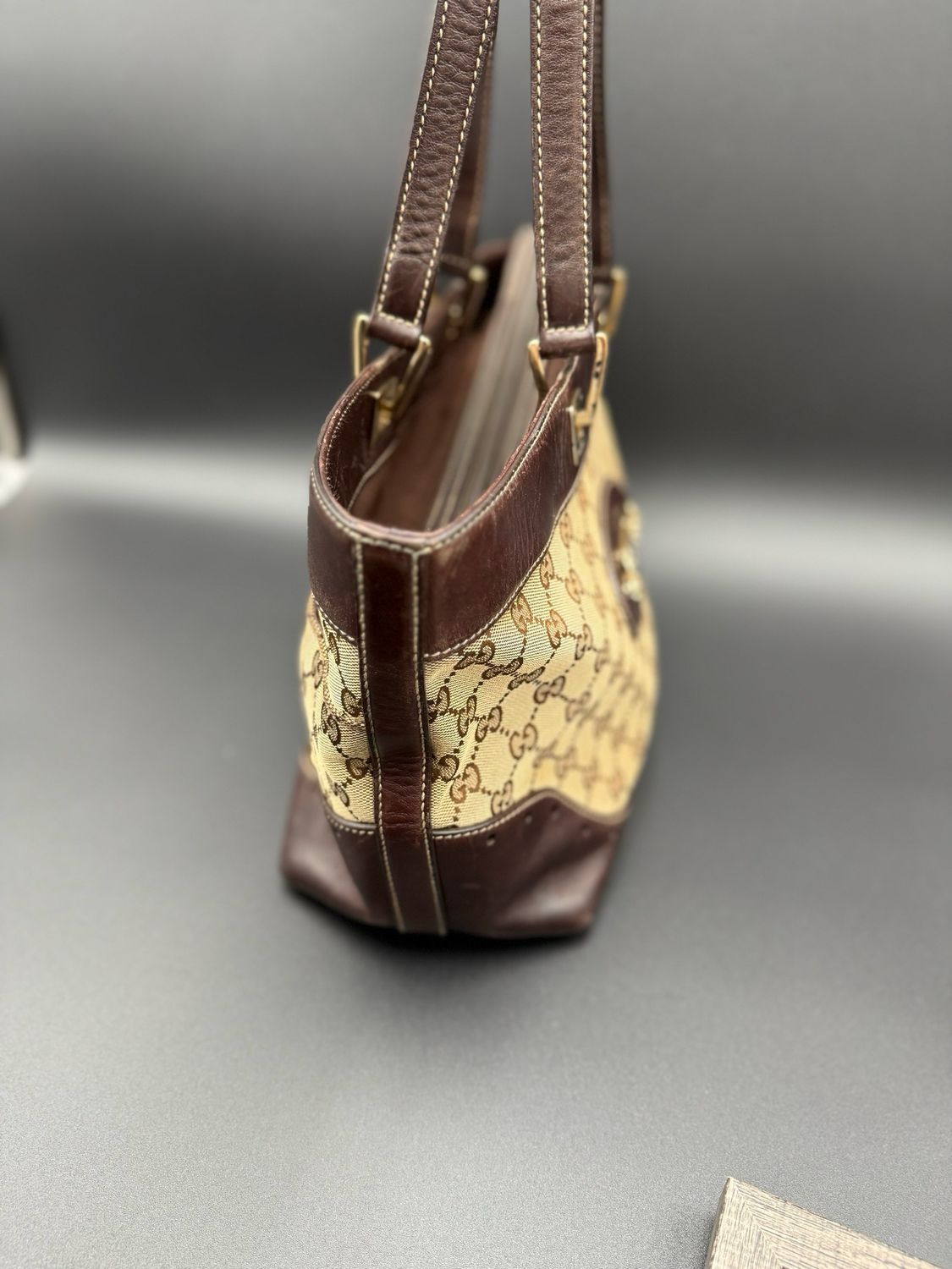 Gucci Monogram Canvas Punch Tote Zipper Shoulder Bag