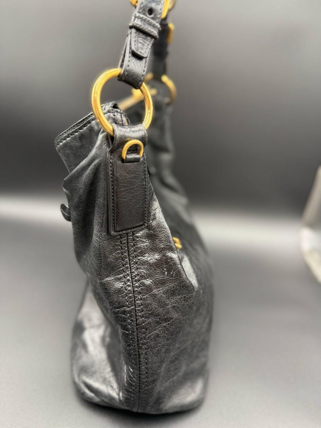 Prada Vitello Shine Hobo Pushlock Leather Shoulder Black Large