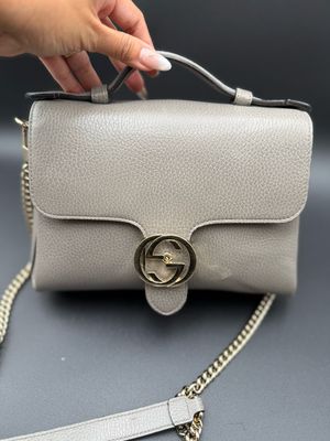 Gucci Dollar Interlocking Pebbled Leather Grey Top Handle Crossbody