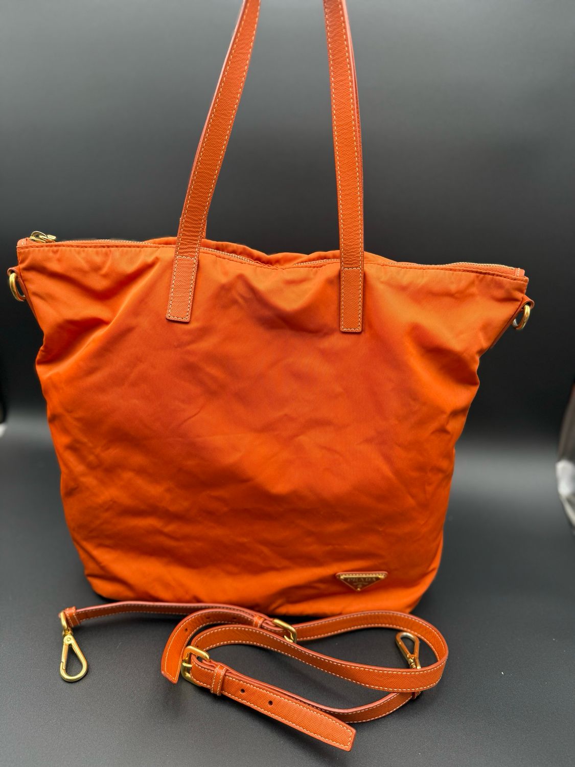Prada Saffiano Tessuto Nylon Crossbody Messenger Papaya Coral