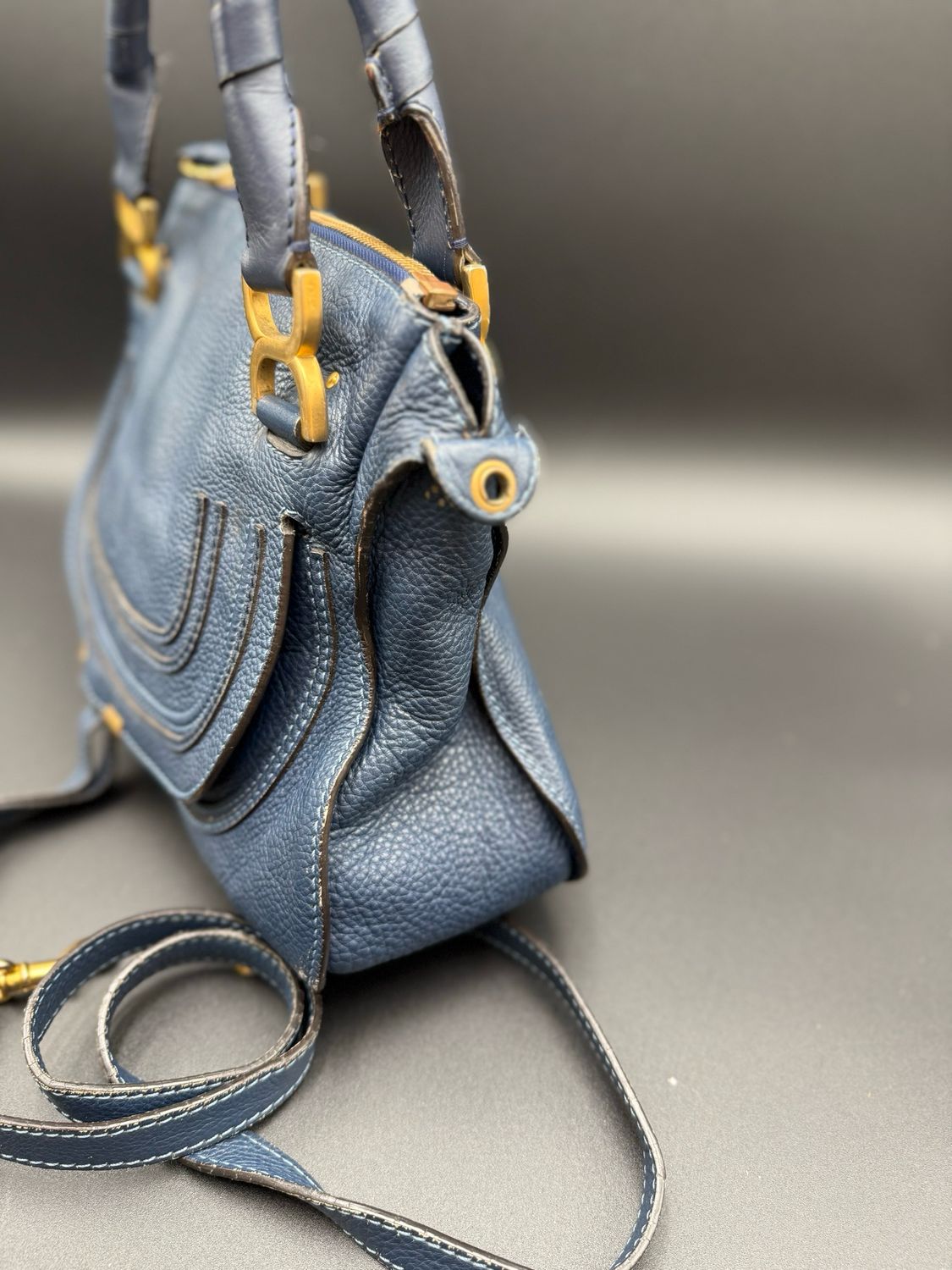 Chloe Marcie Saddle Pebbled Leather Small Messenger Crossbody Navy Blue