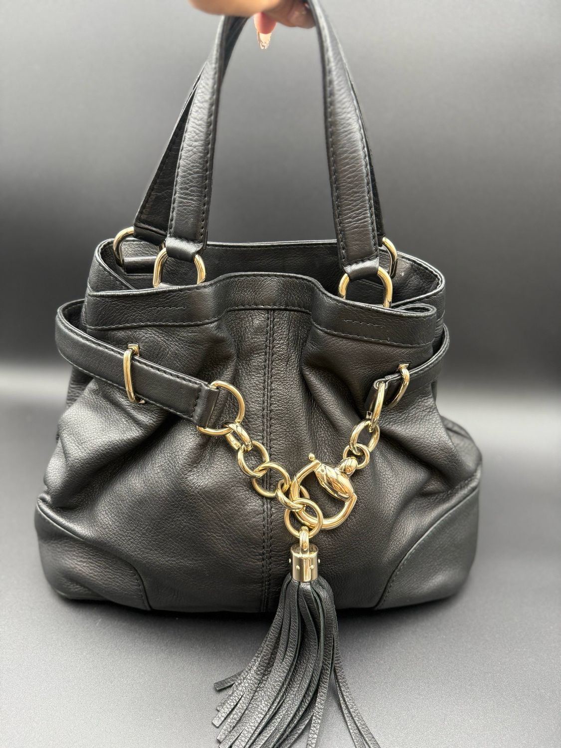 Gucci Hasler Sienna Medium Horsebit Pebbled Leather Tote Shoulder
