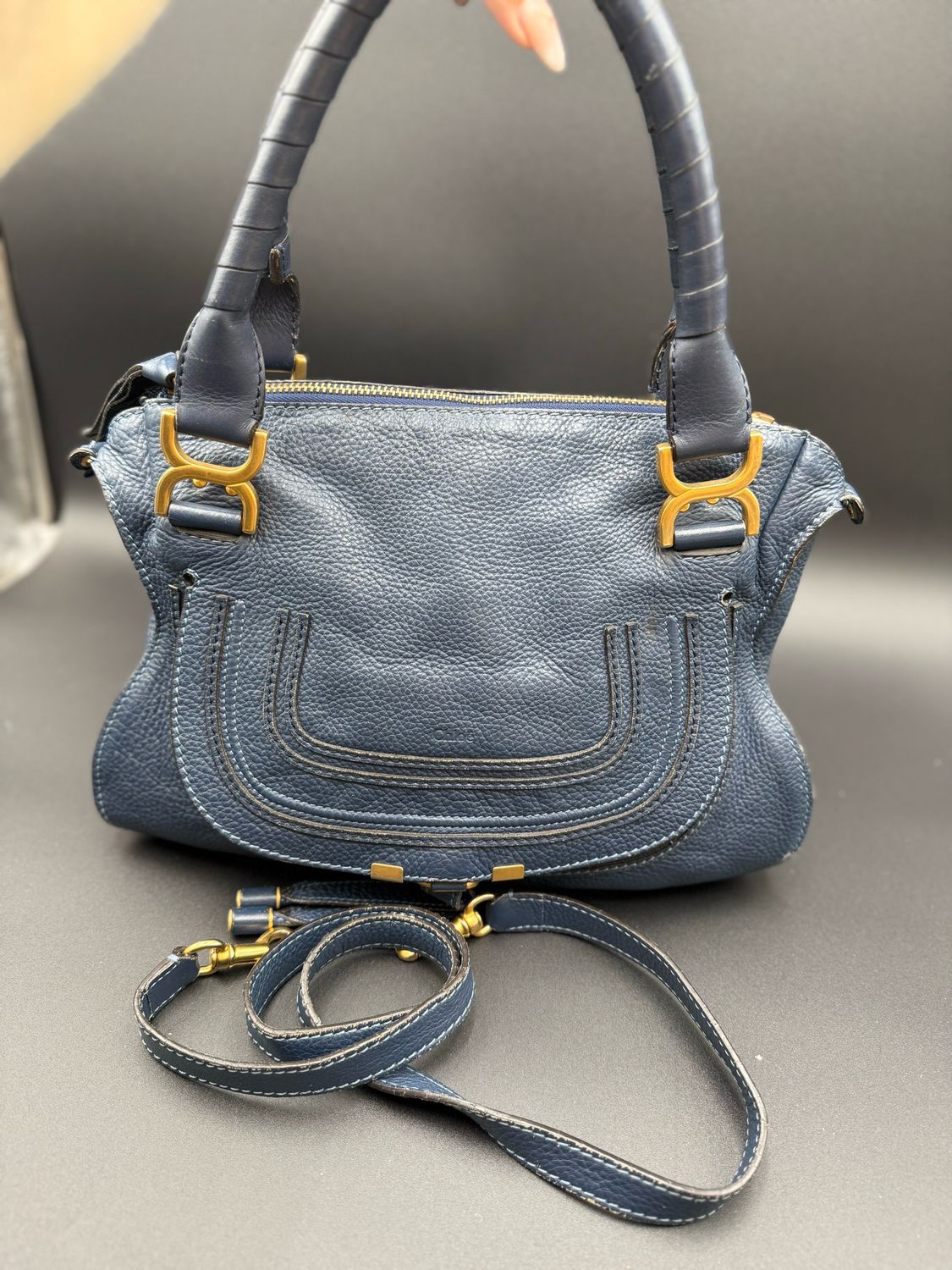 Chloe Marcie Saddle Pebbled Leather Small Messenger Crossbody Navy Blue