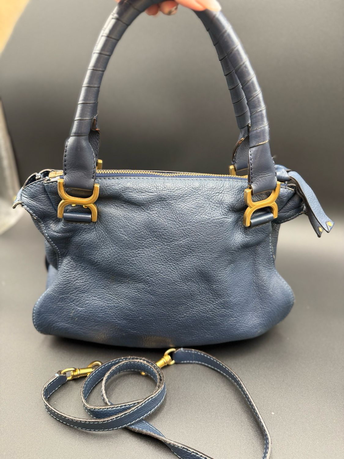 Chloe Marcie Saddle Pebbled Leather Small Messenger Crossbody Navy Blue