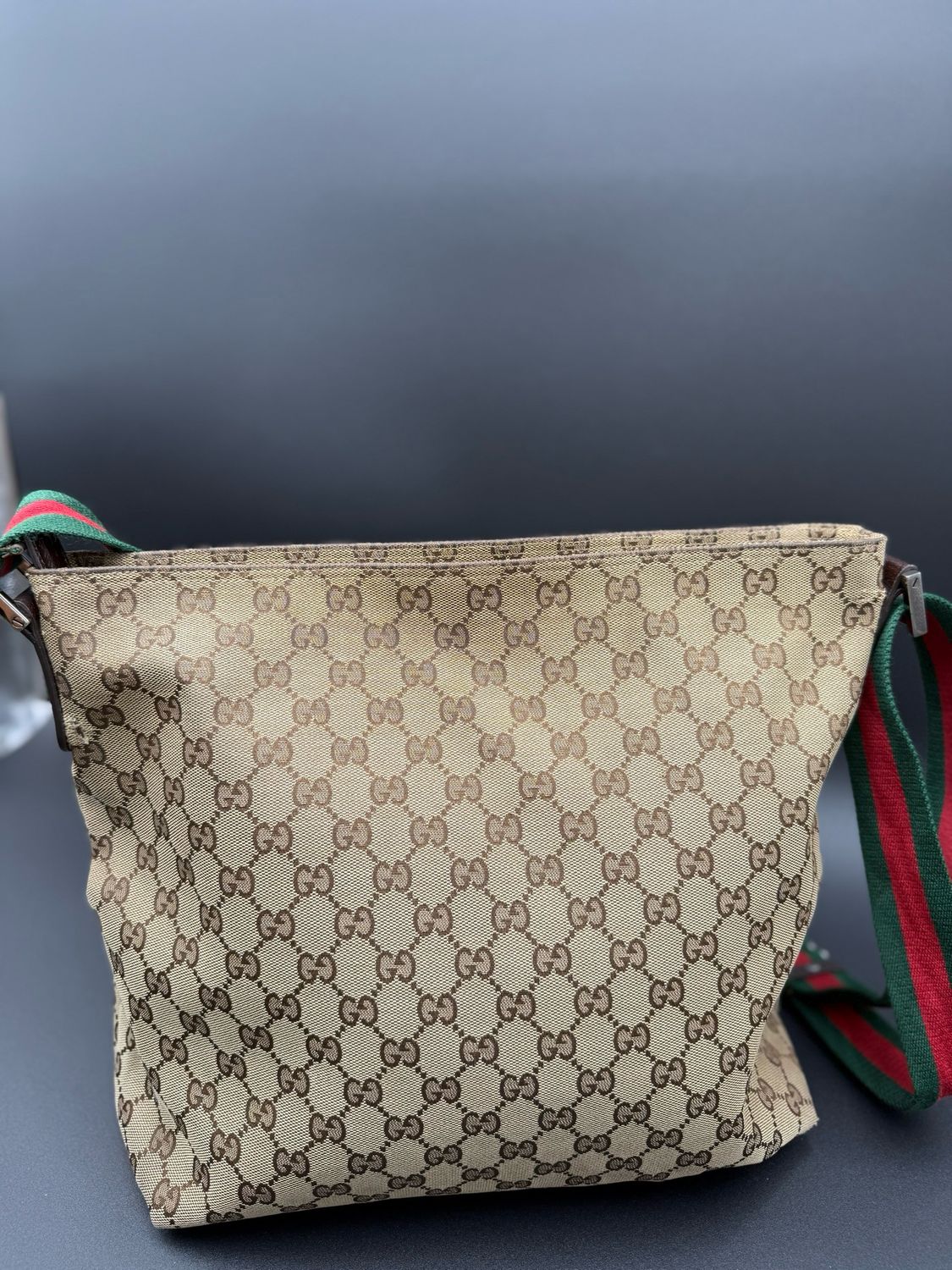 Gucci Monogram Web Strap Flat Messenger Canvas Crossbody