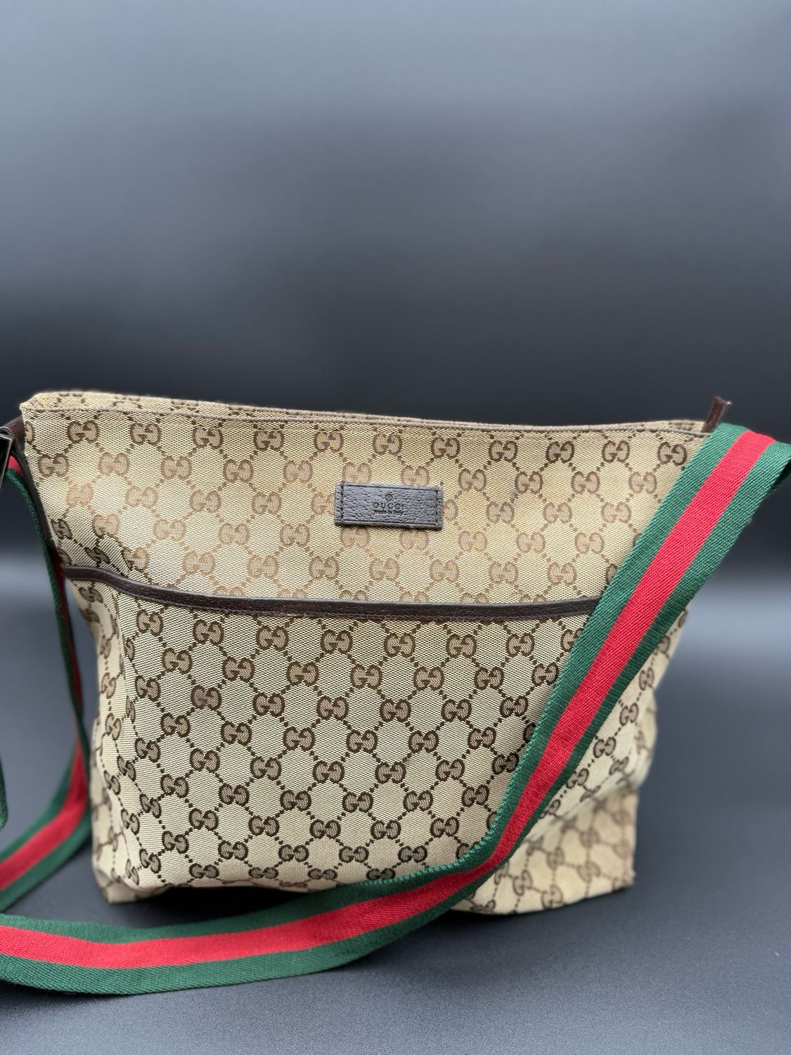 Gucci Monogram Web Strap Flat Messenger Canvas Crossbody