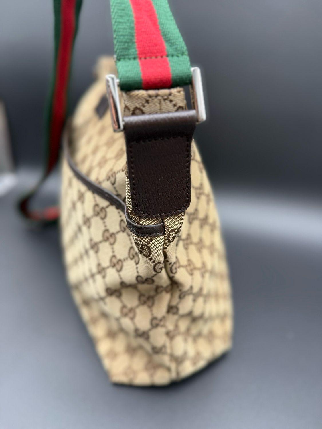 Gucci Monogram Web Strap Flat Messenger Canvas Crossbody