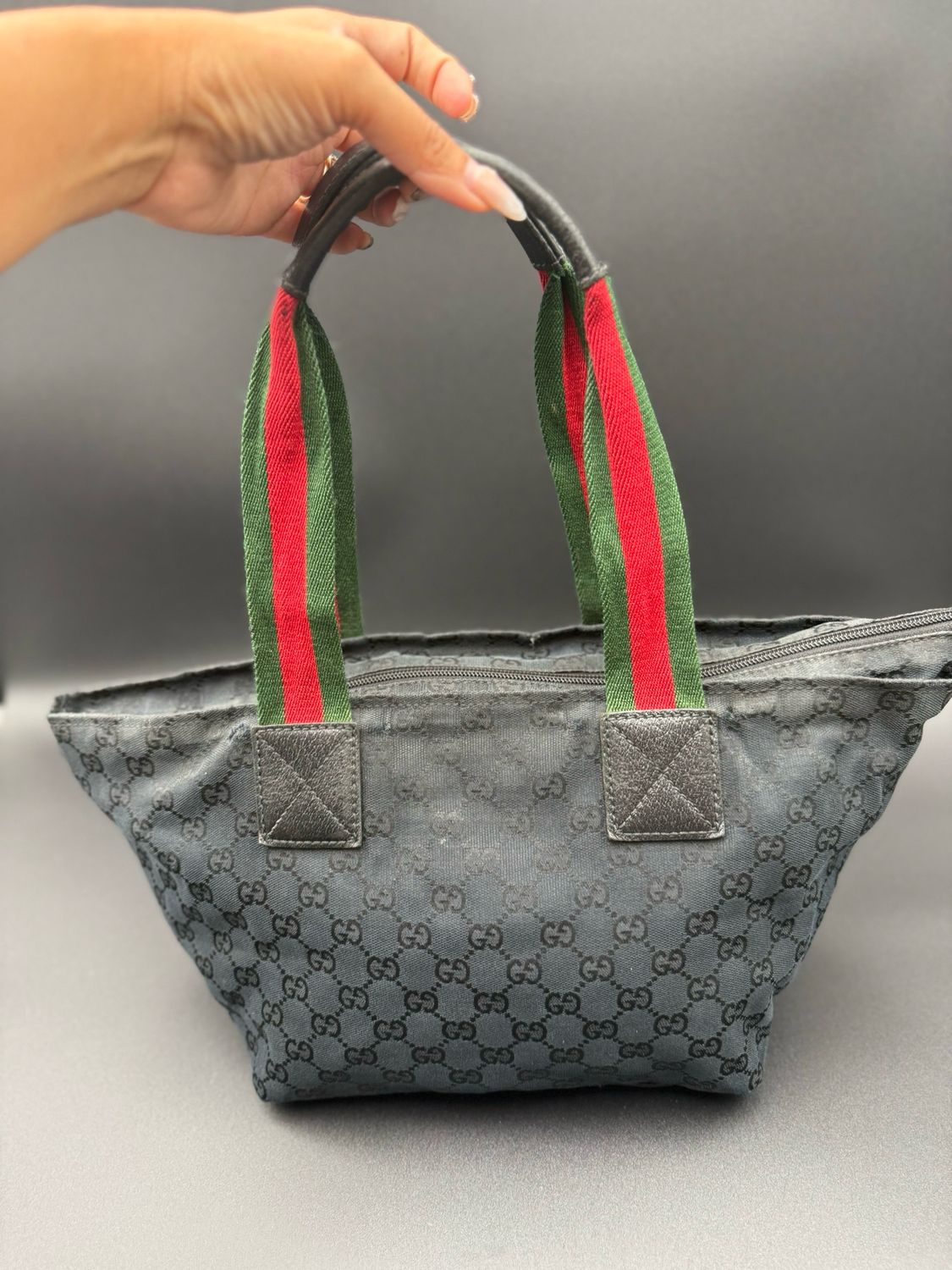 Gucci Monogram Black Canvas Web Strap Tote Shoulder