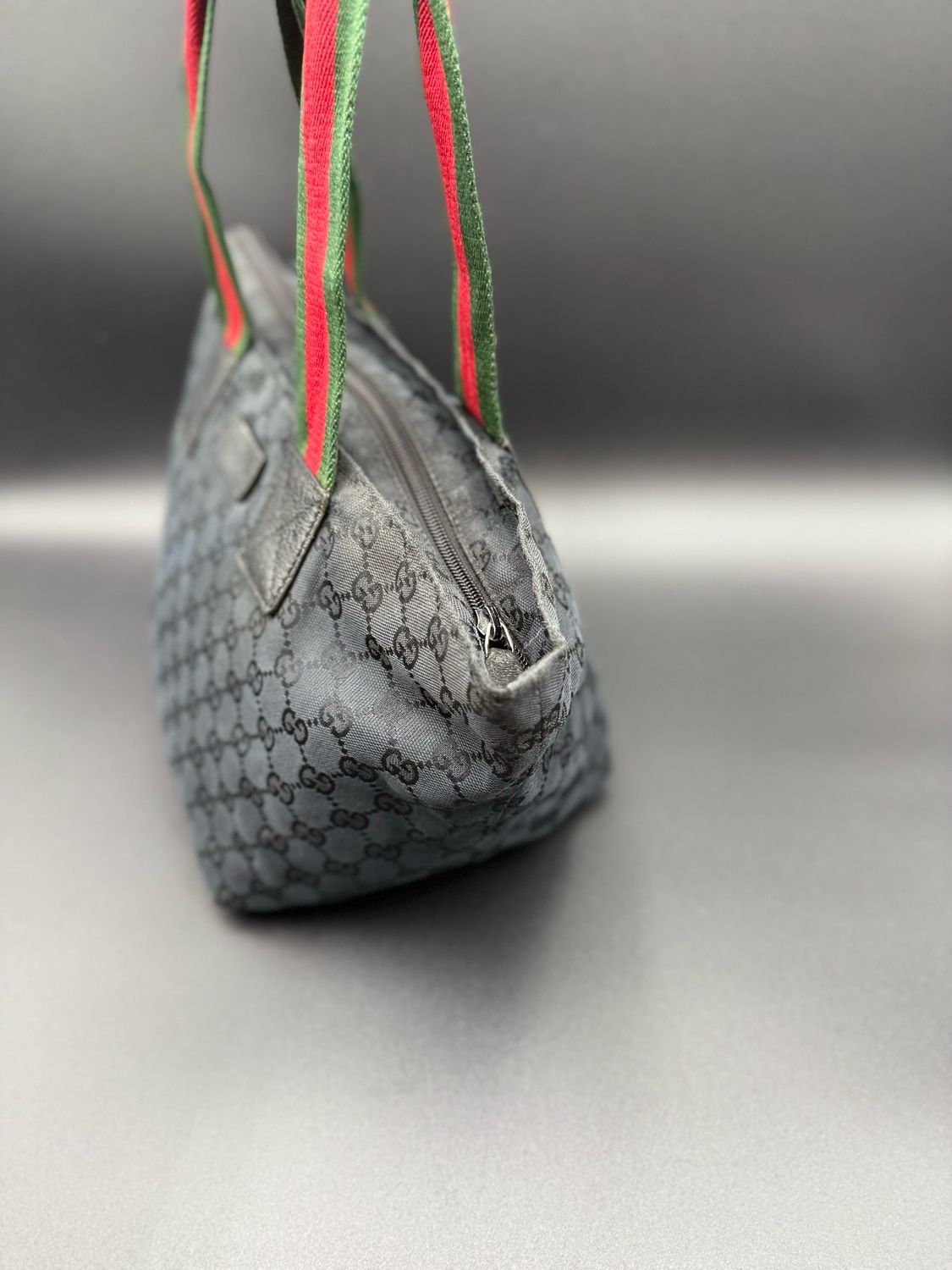 Gucci Monogram Black Canvas Web Strap Tote Shoulder