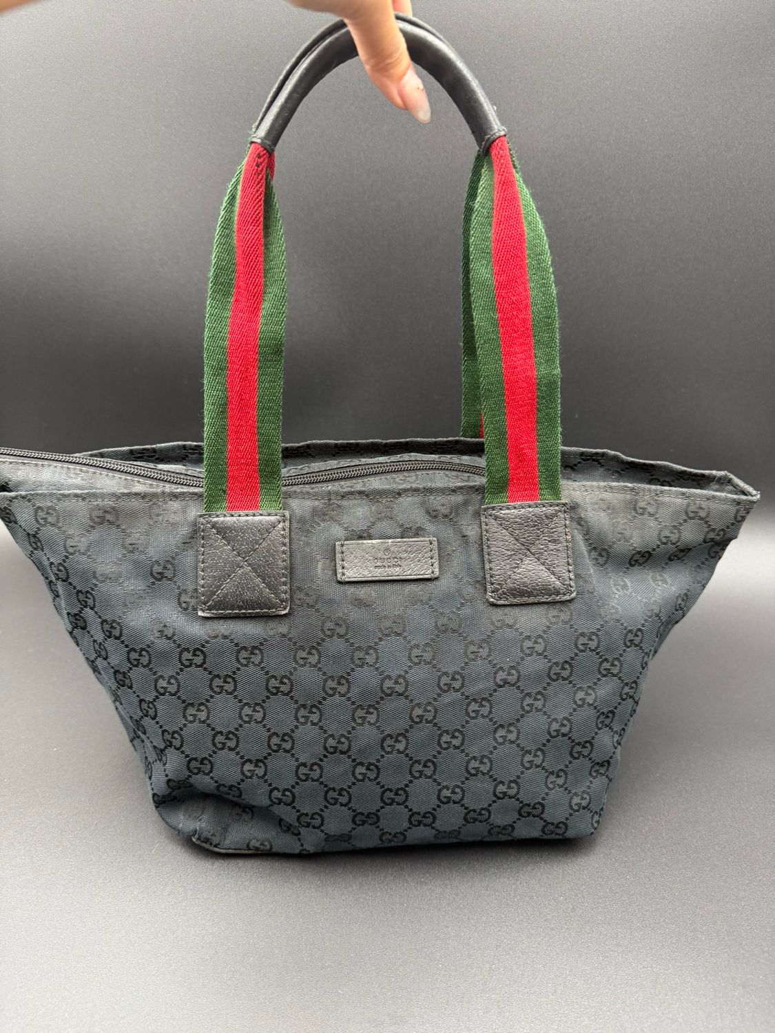 Gucci Monogram Black Canvas Web Strap Tote Shoulder