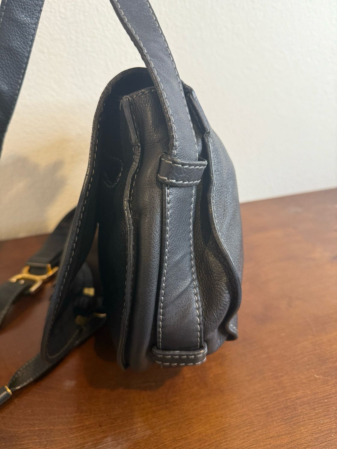 Chloe Marcie Saddle Black Medium Pebbled Leather Messenger