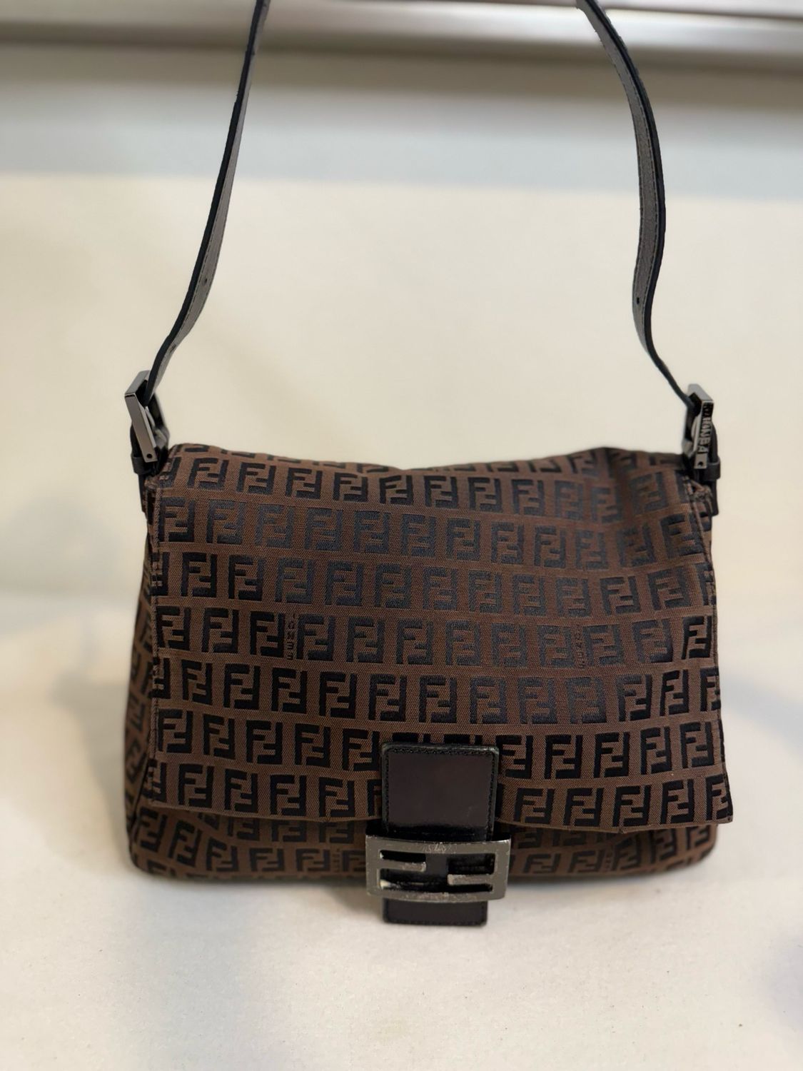 Fendi Zucca Mama Hobo Canvas Baguette Flap Shoulder