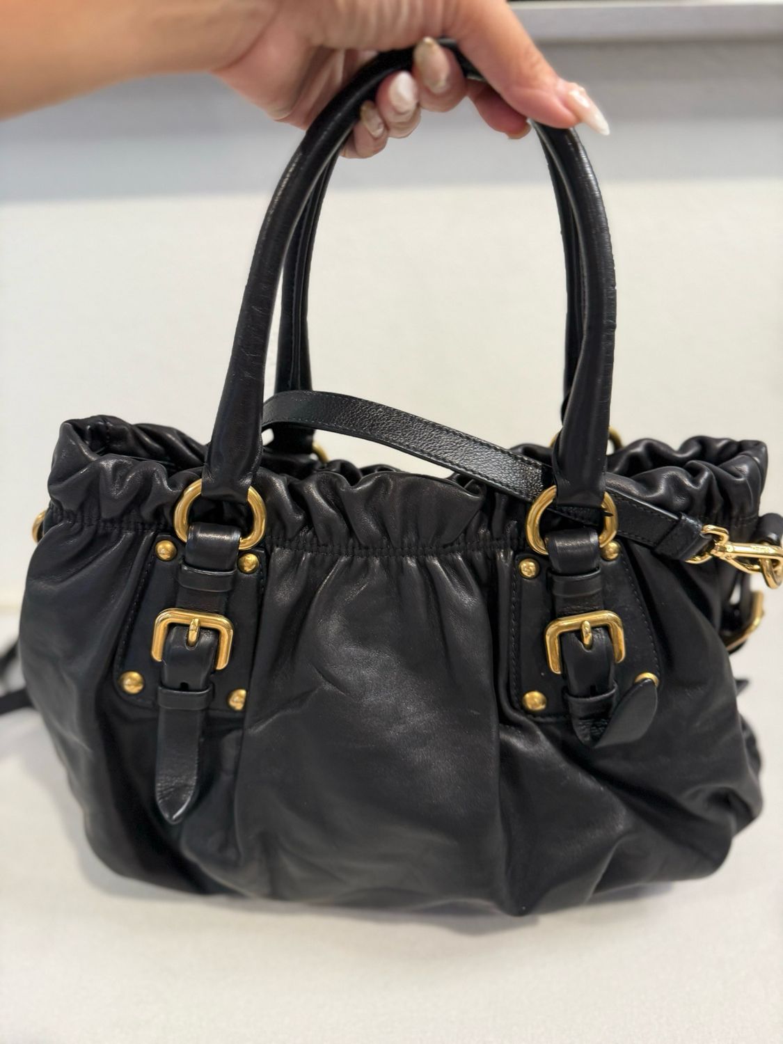 Prada Leather Crossbody Tote Black Belted