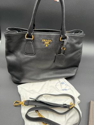 Prada Pebbled Leather Vitello Daino Black Messenger Crossbody Tote