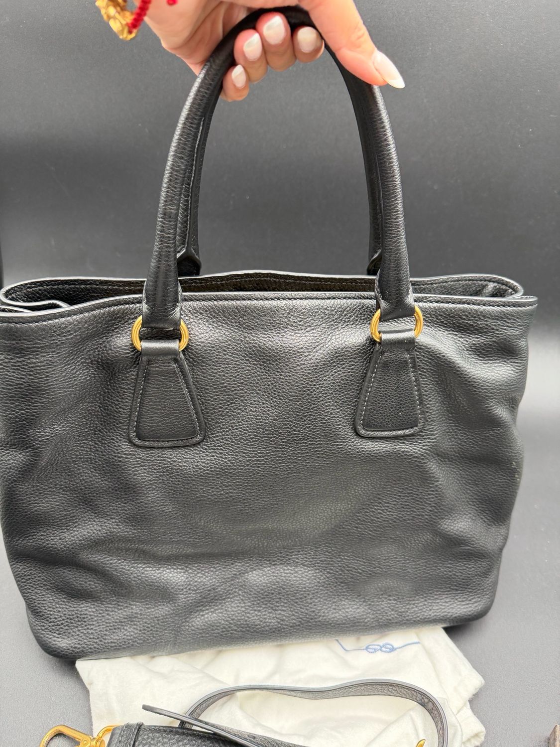 Prada Pebbled Leather Vitello Daino Black Messenger Crossbody Tote