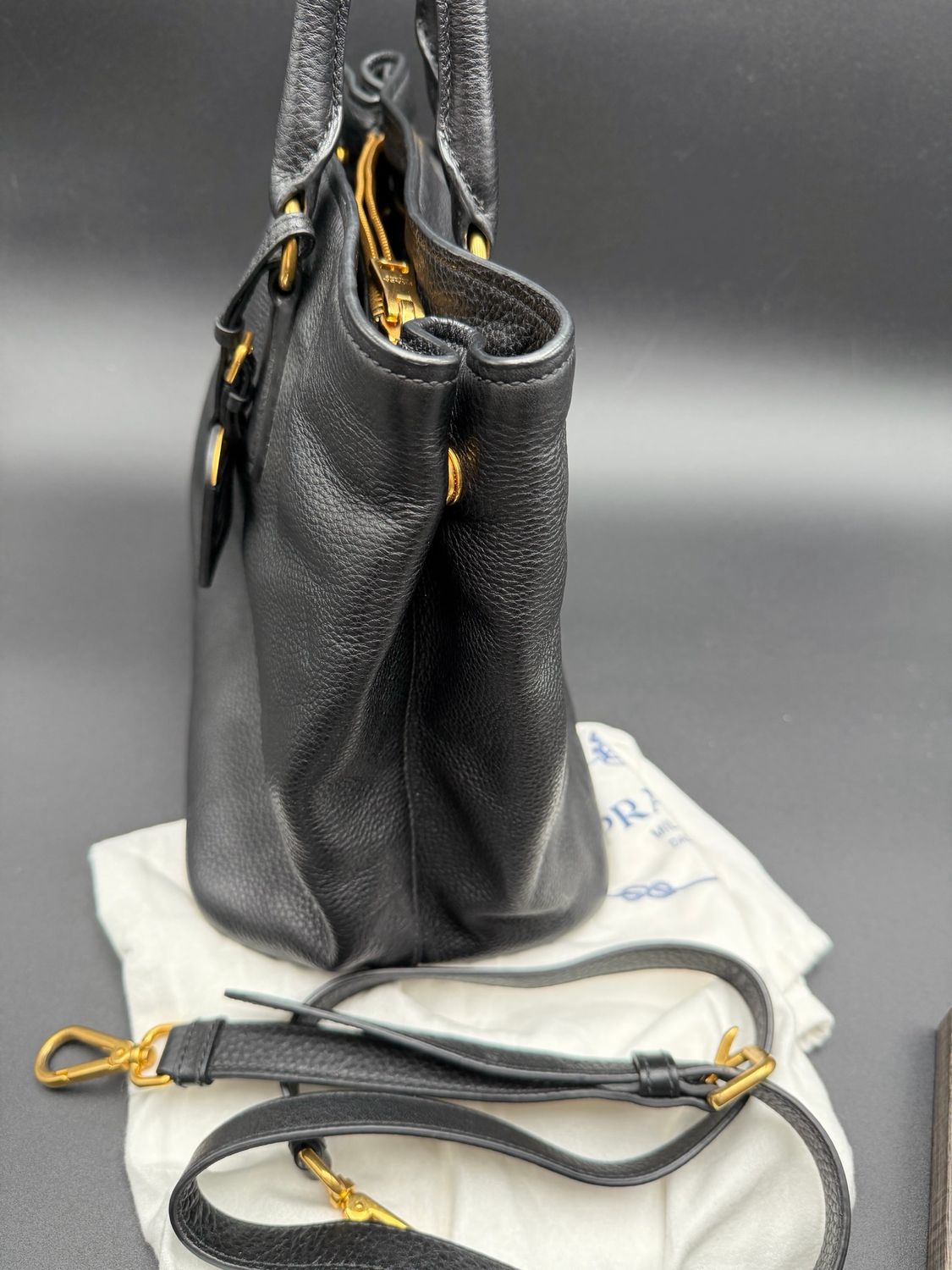 Prada Pebbled Leather Vitello Daino Black Messenger Crossbody Tote