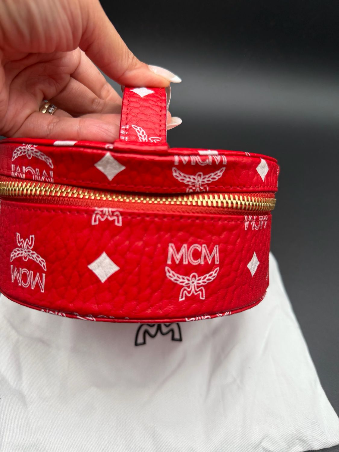 Mcm Visetos Cosmetic Case Red Top Handle