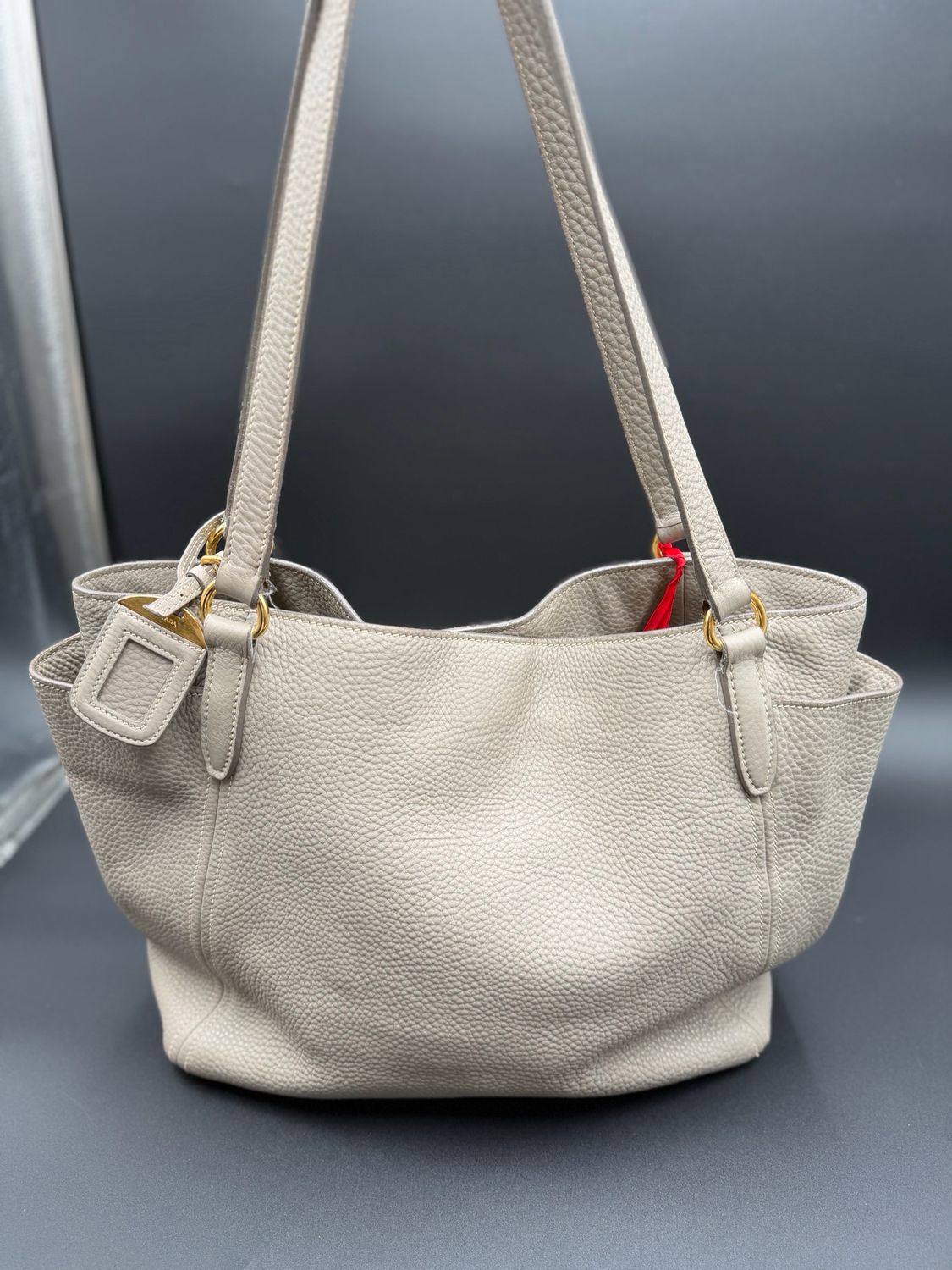 Prada Vitello Daino Long Strap Tote Shopper Side Pocket